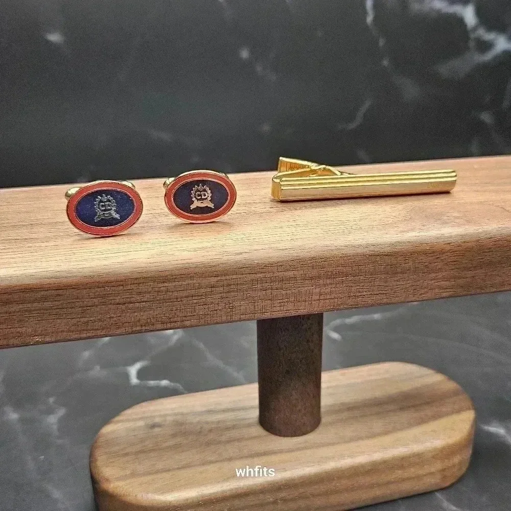 Christian Dior Red Blue and Gold Tone Cufflinks with Tie Bar set